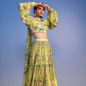 Green Lehenga Set In Crush With Floral Print And Choker Dupatta Size 10